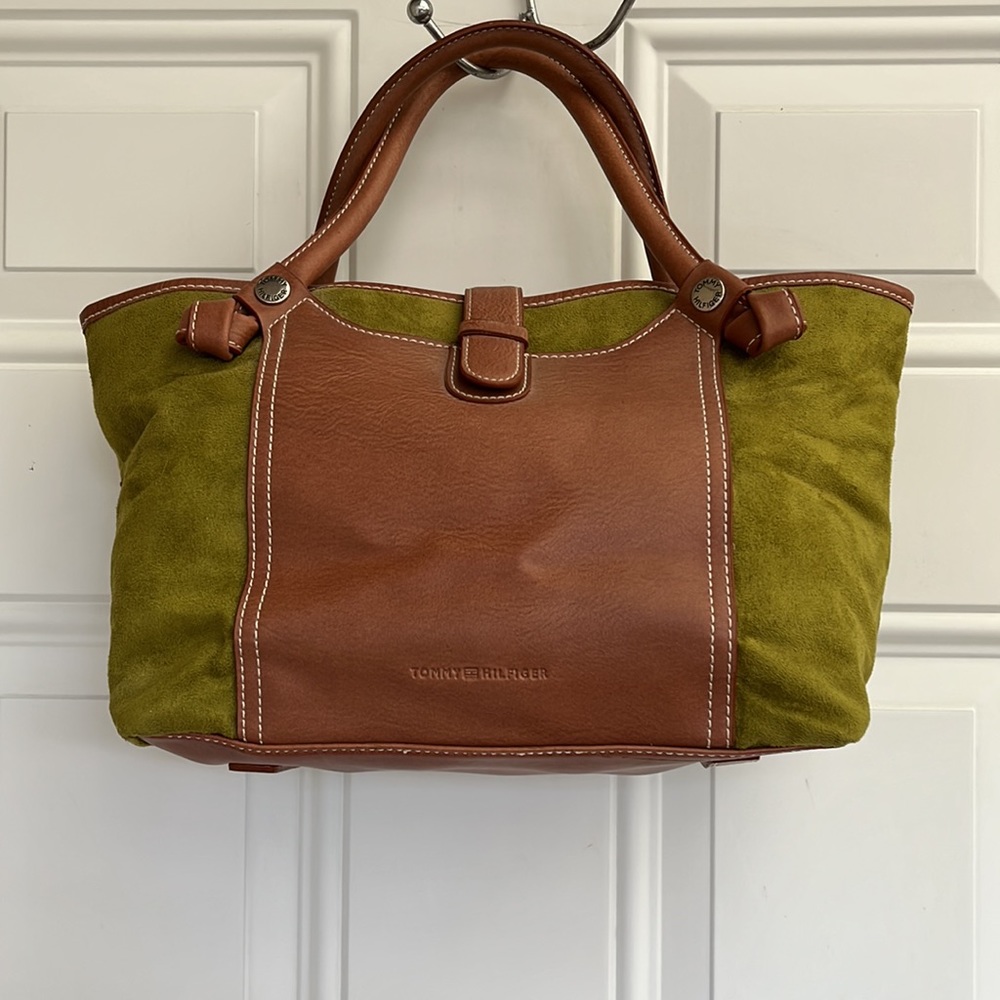 Tommy Hilfiger Handbag. Moss Green Material and Brown faux Leather.